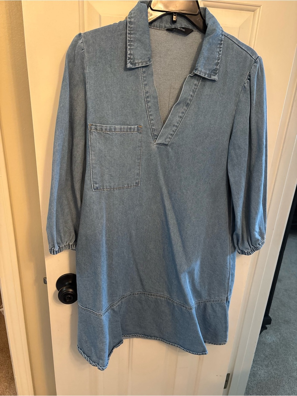 Denim V-Neck Shirt Dress with ruffle bottom